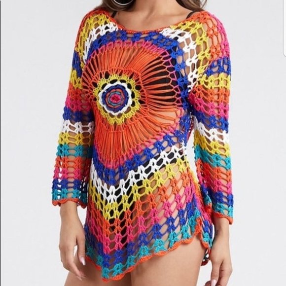 Tops - Crochet beach cover up shirt  hippy 70's style